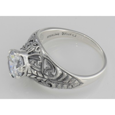 Classic Victorian Style Cubic Zirconia Filigree Ring - Sterling Silver - FR-698-CZ