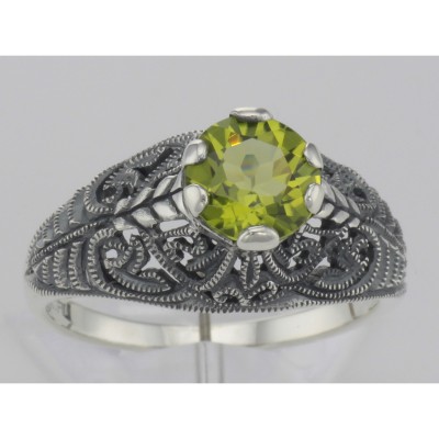 Victorian Style Genuine Peridot Solitaire Filigree Ring - Sterling Silver - FR-698-P