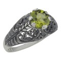 Victorian Style Genuine Peridot Solitaire Filigree Ring - Sterling Silver