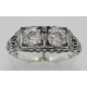 Art Deco Filigree Two Stone CZ Ring - Sterling Silver - FR-699-CZ