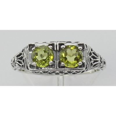 Art Deco Style Green Peridot Gemstone Ring Sterling Silver - FR-699-P