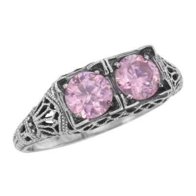 Beautiful Two Stone Pink CZ Filigree Ring - Sterling Silver - FR-699-PINK