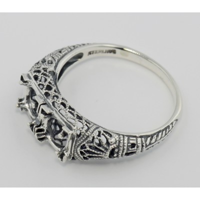 Art Deco Style Semi Mount Filigree Ring - Sterling Silver - FR-699-SEMI