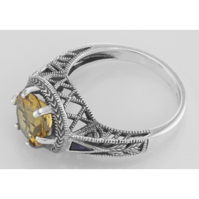 Victorian Style Citrine Solitaire Ring Sapphires Accents - Sterling Silver - FR-70-C