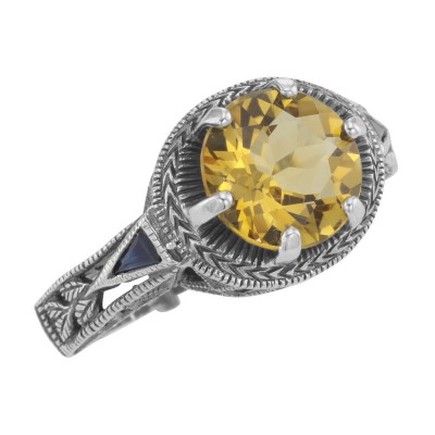 Victorian Style Citrine Solitaire Ring Sapphires Accents - Sterling Silver - FR-70-C
