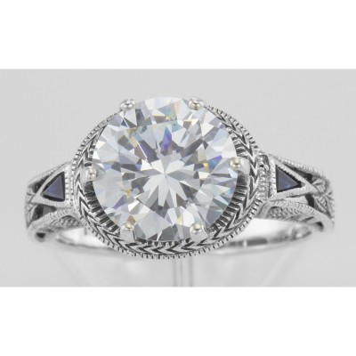 Victorian Style 6.5 Carat CZ Solitaire Ring Sapphire Accents Sterling Silver - FR-70-CZ
