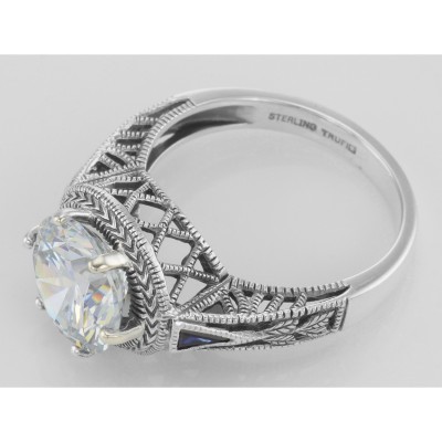 Victorian Style 6.5 Carat CZ Solitaire Ring Sapphire Accents Sterling Silver - FR-70-CZ