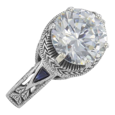 Victorian Style 6.5 Carat CZ Solitaire Ring Sapphire Accents Sterling Silver - FR-70-CZ