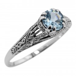 Antique Style Genuine Blue Topaz Filigree Ring Sterling Silver