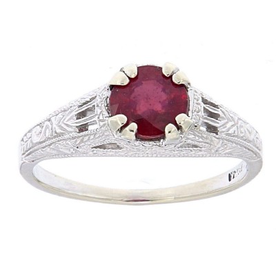 Natural Ruby Solitaire Filigree Ring - 14kt White Gold - FR-701-R-WG