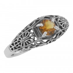 Natural Golden Citrine Filigree Ring - Art Deco Style - Sterling Silver