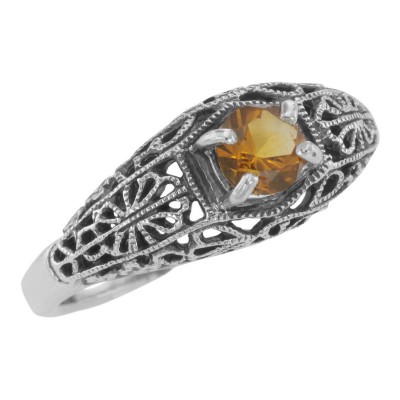 Natural Golden Citrine Filigree Ring - Art Deco Style - Sterling Silver - FR-709-C