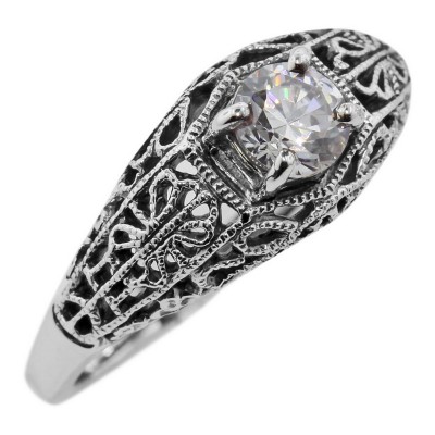 Beautiful White Topaz Solitare Filigree Ring - Sterling Silver - FR-709-WT