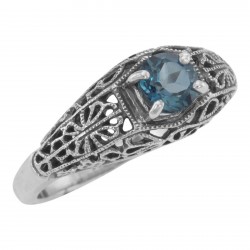 London Blue Topaz Fine Filigree Ring - Art Deco Style - Sterling Silver