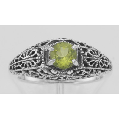 Natural Peridot Fine Filigree Ring - Art Deco Style - Sterling Silver - FR-709-P