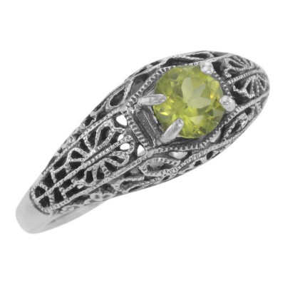 Natural Peridot Fine Filigree Ring - Art Deco Style - Sterling Silver - FR-709-P