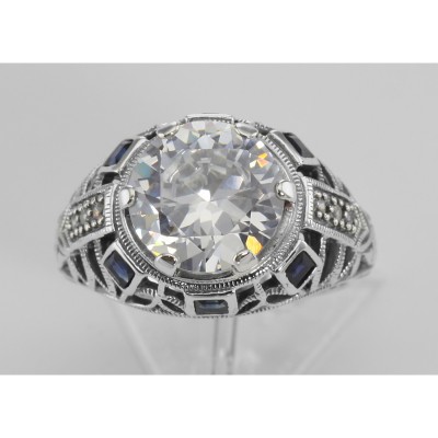 Art Deco Style Sterling Silver Filigree CZ Ring w/ Sapphires - FR-73-CZ
