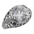 Art Deco Style Sterling Silver Filigree CZ Ring w/ Sapphires
