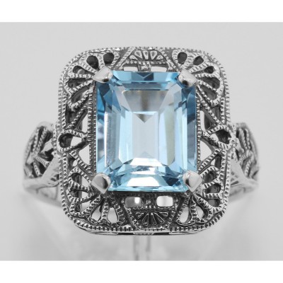Classic Art Deco Style Blue Topaz Filigree Ring - Sterling Silver - FR-736-BT