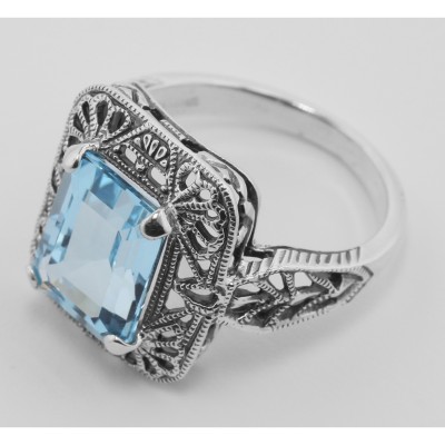 Classic Art Deco Style Blue Topaz Filigree Ring - Sterling Silver - FR-736-BT
