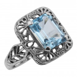 Classic Art Deco Style Blue Topaz Filigree Ring - Sterling Silver