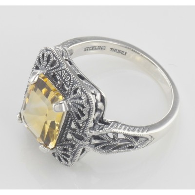 Classic Art Deco Style Golden Citrine Filigree Ring - Sterling Silver - FR-736-C
