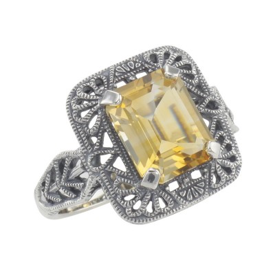 Classic Art Deco Style Golden Citrine Filigree Ring - Sterling Silver - FR-736-C