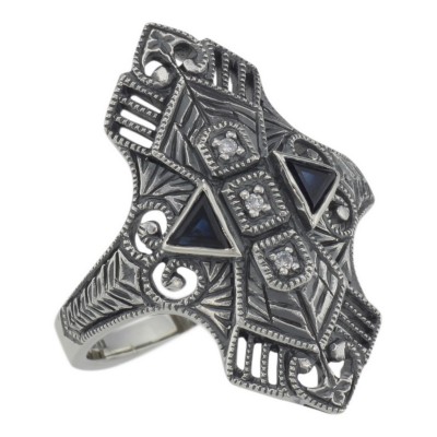 Art Deco Style Filigree Ring w/ Sapphires w/ 3 White Topaz Sterling Silver - FR-743-S-WT