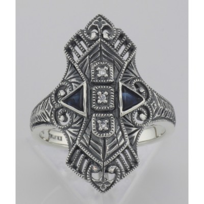 Art Deco Style Filigree Ring w/ Sapphires / 3 CZ's - Sterling Silver - FR-743-S-CZ