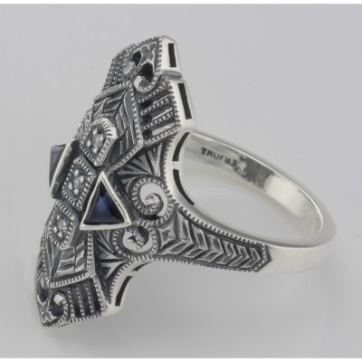 Art Deco Style Filigree Ring w/ Sapphires / 3 CZ's - Sterling Silver - FR-743-S-CZ