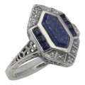 Art Deco Style Lapis Sapphire and Diamond Filigree Ring - Sterling Silver