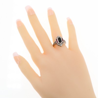 Art Deco Style Black Onyx - Ruby and Diamond Filigree Ring - Sterling Silver - FR-744-O-R