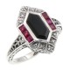 Art Deco Style Black Onyx - Ruby and Diamond Filigree Ring - Sterling Silver - FR-744-O-R
