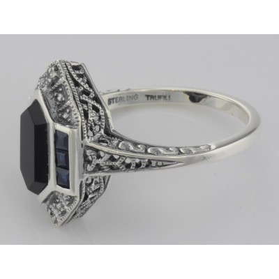 Art Deco Style Black Onyx Sapphire and Diamond Filigree Ring Sterling Silver - FR-744-O-S