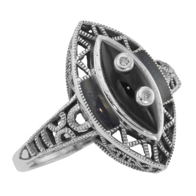 Victorian Style Black Onyx Ring with Diamond Accents - Sterling Silver - FR-746-O