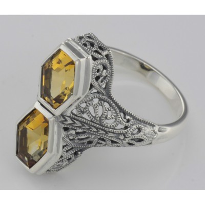 Art Deco Style Genuine 2 Carat Citrine Filigree Ring - Sterling Silver - FR-750-C