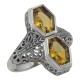Art Deco Style Genuine 2 Carat Citrine Filigree Ring - Sterling Silver - FR-750-C