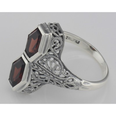 Unique Art Deco Style 2 Carat Red Garnet Filigree Ring - Sterling Silver - FR-750-G