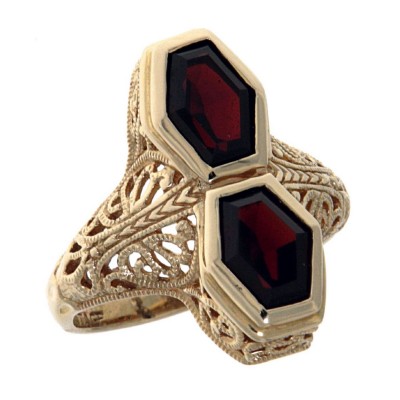 Art Deco Style Genuine Red Garnet Filigree Ring 14kt Yellow Gold - FR-750-G-YG