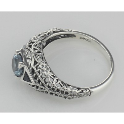 Blue Topaz Filigree Ring w/ Sapphire - Art Deco Style - Sterling Silver - FR-754-BT