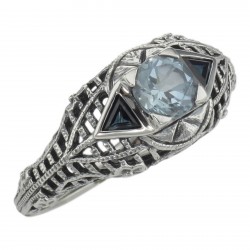 Blue Topaz Filigree Ring w/ Sapphire - Art Deco Style - Sterling Silver