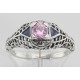Art Deco Style Pink Cubic Zirconia Filigree Ring w/ Sapphire Sterling Silver - FR-754-PINK