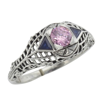 Art Deco Style Pink Cubic Zirconia Filigree Ring w/ Sapphire Sterling Silver - FR-754-PINK