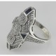 Art Deco Style Blue Sapphire Filigree Ring w/ 3 Diamonds - Sterling Silver - FR-756