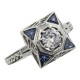 Art Deco Style White Topaz Filigree Ring w/ Blue Sapphires - Sterling Silver - FR-759-WT