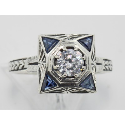 Art Deco Style White Topaz Filigree Ring w/ Blue Sapphires - Sterling Silver - FR-759-WT