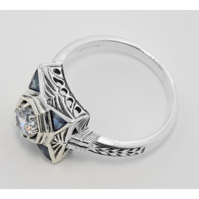 Art Deco Style White Topaz Filigree Ring w/ Blue Sapphires - Sterling Silver - FR-759-WT