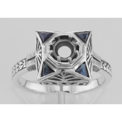 Art Deco Style Semi-Mount Filigree Ring w/ Blue Sapphires - Sterling Silver - FR-759-SEMI