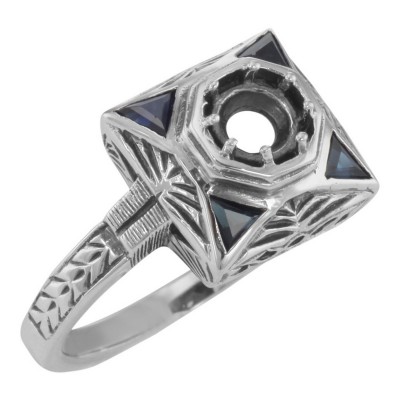 Art Deco Style Semi-Mount Filigree Ring w/ Blue Sapphires - Sterling Silver - FR-759-SEMI