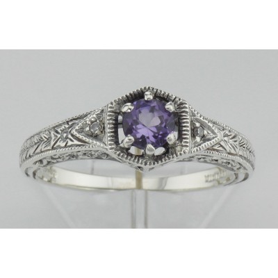 Victorian Style Amethyst Filigree Ring w/ 2 Diamonds - Sterling Silver - FR-761-AM